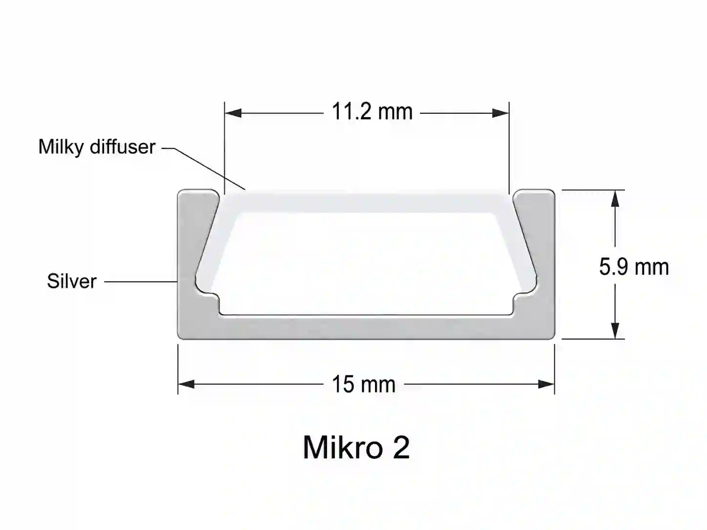 Pohled zepředu na profil Mikro-N kanál pro LED pásek stříbrný elox 2m délka